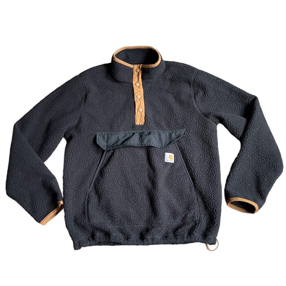 Carharrt Women's Pullover M Relaxed Fit Black Tan Fleece 1/4 Button Pocket Warm - Picture 1 of 14